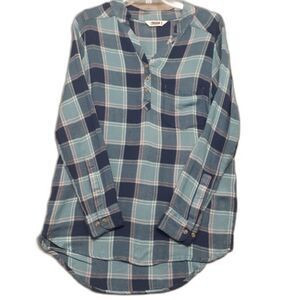 Mountain Khakis Women Sz S Blue Plaid Tunic Oversized Button Down V Neck Shirt